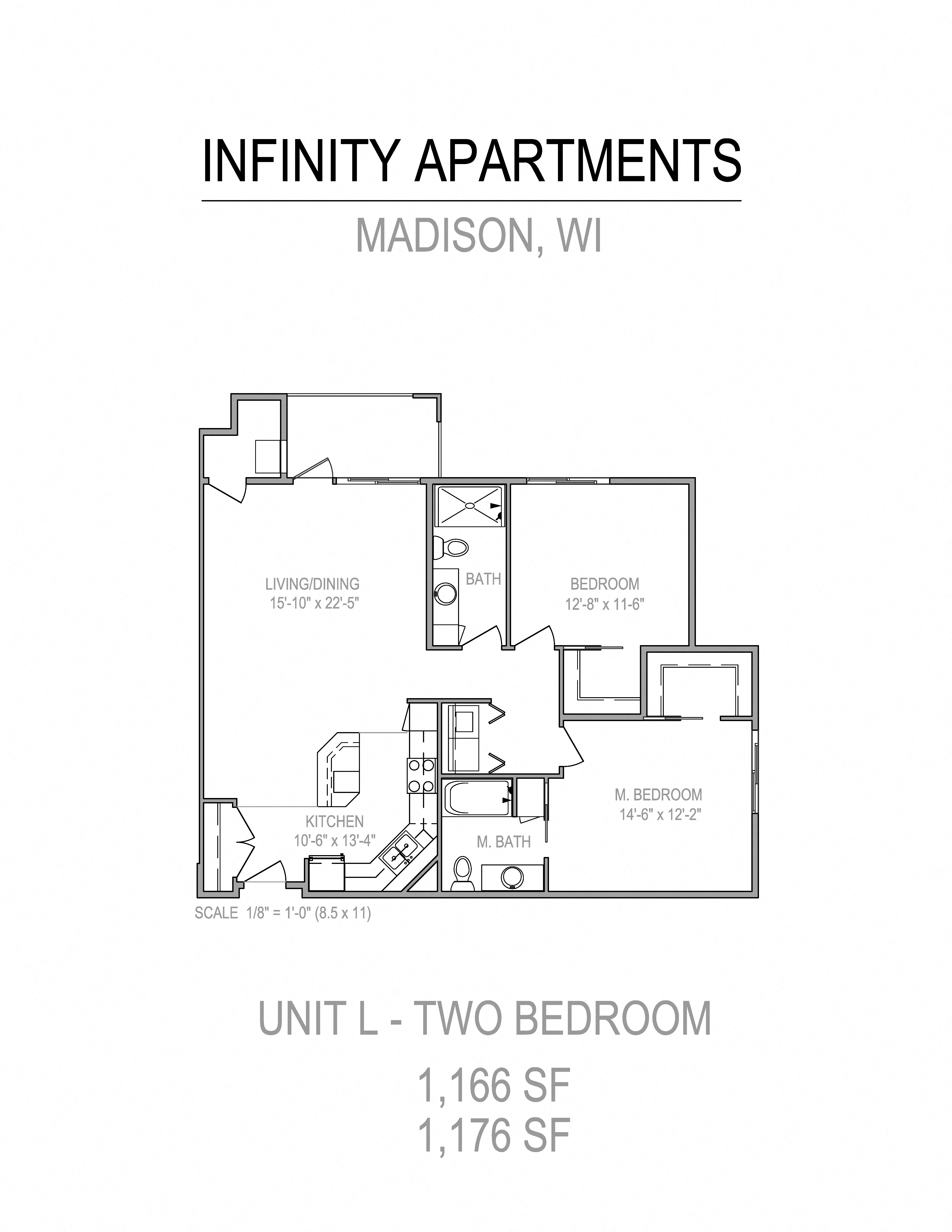 Floor plan for 2 beds, 2 baths, 1175 sqft